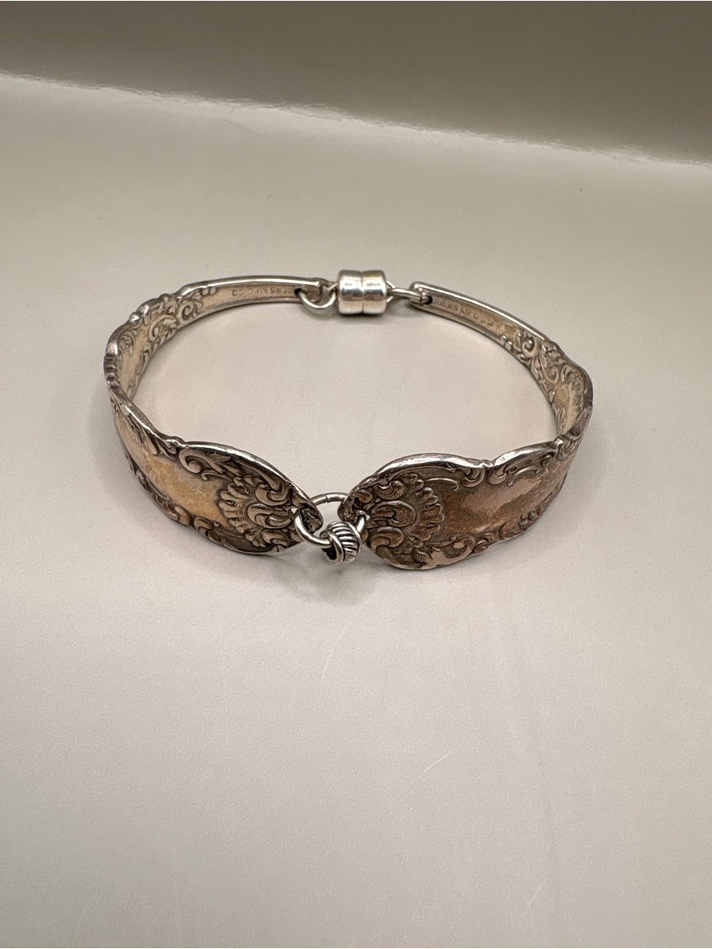 Silver-Tone Spoon Style Bracelet 8” Ornate Scrollwork Magnetic Clasp